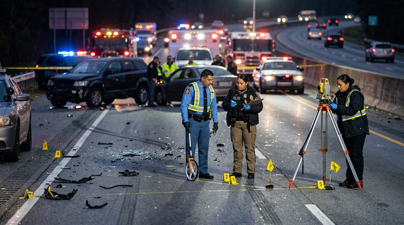 Investigación de accidente vehicular nocturno con oficiales de policía y equipo de reconstrucción.