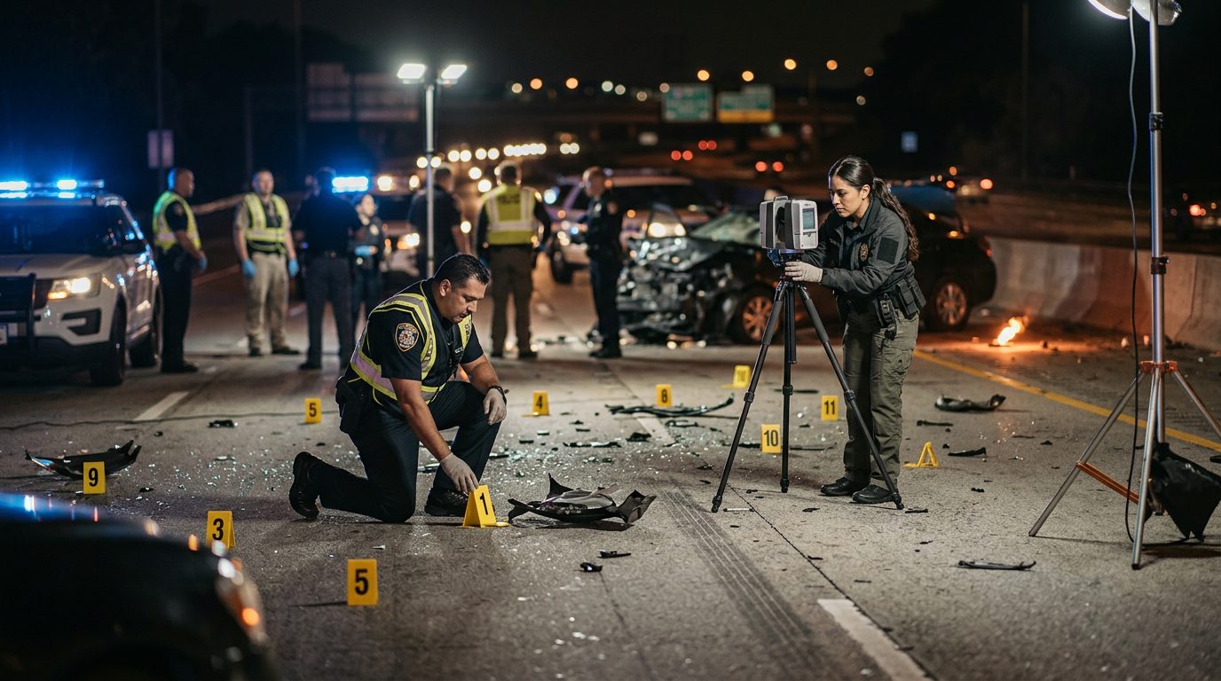 Investigación de accidente vehicular nocturno con oficiales de policía y equipo de reconstrucción.