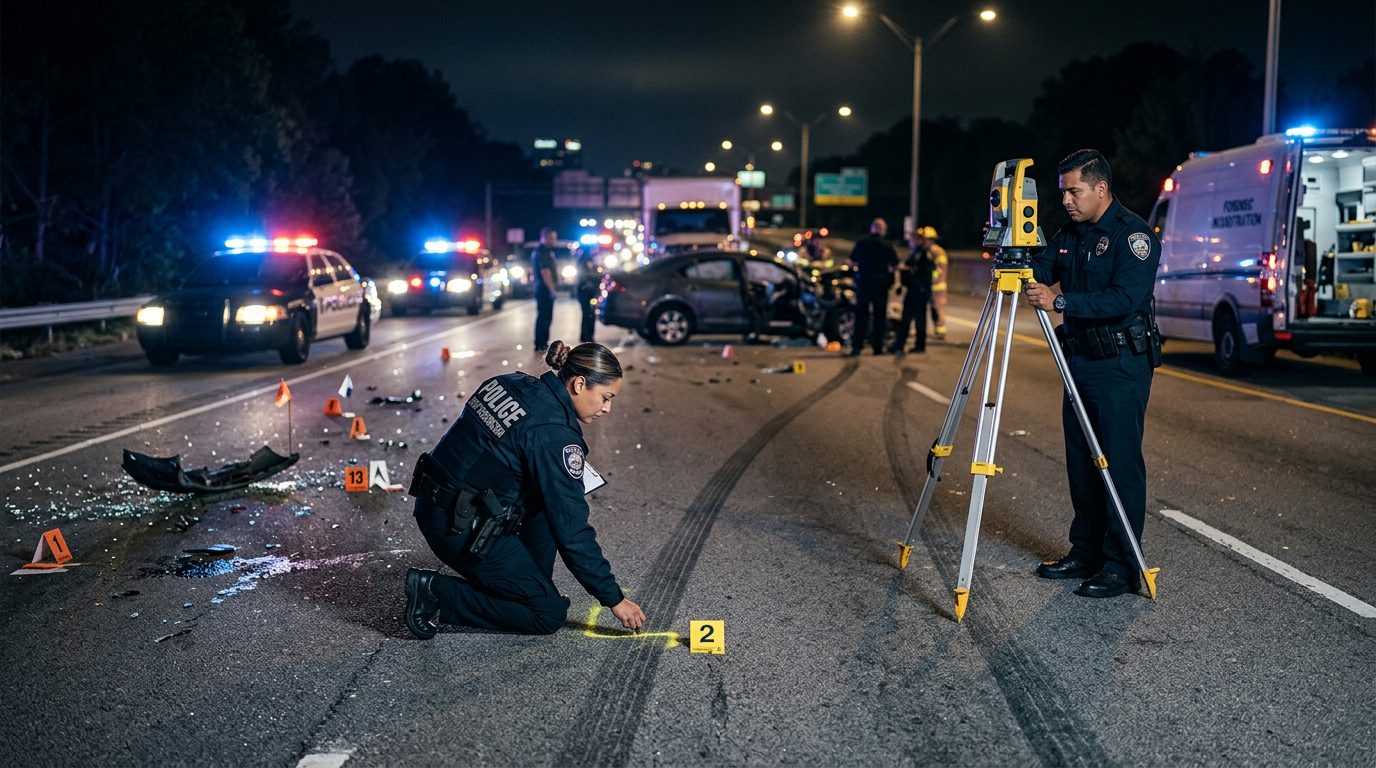 Investigación de accidente vehicular nocturno con oficiales de policía y equipo de reconstrucción.
