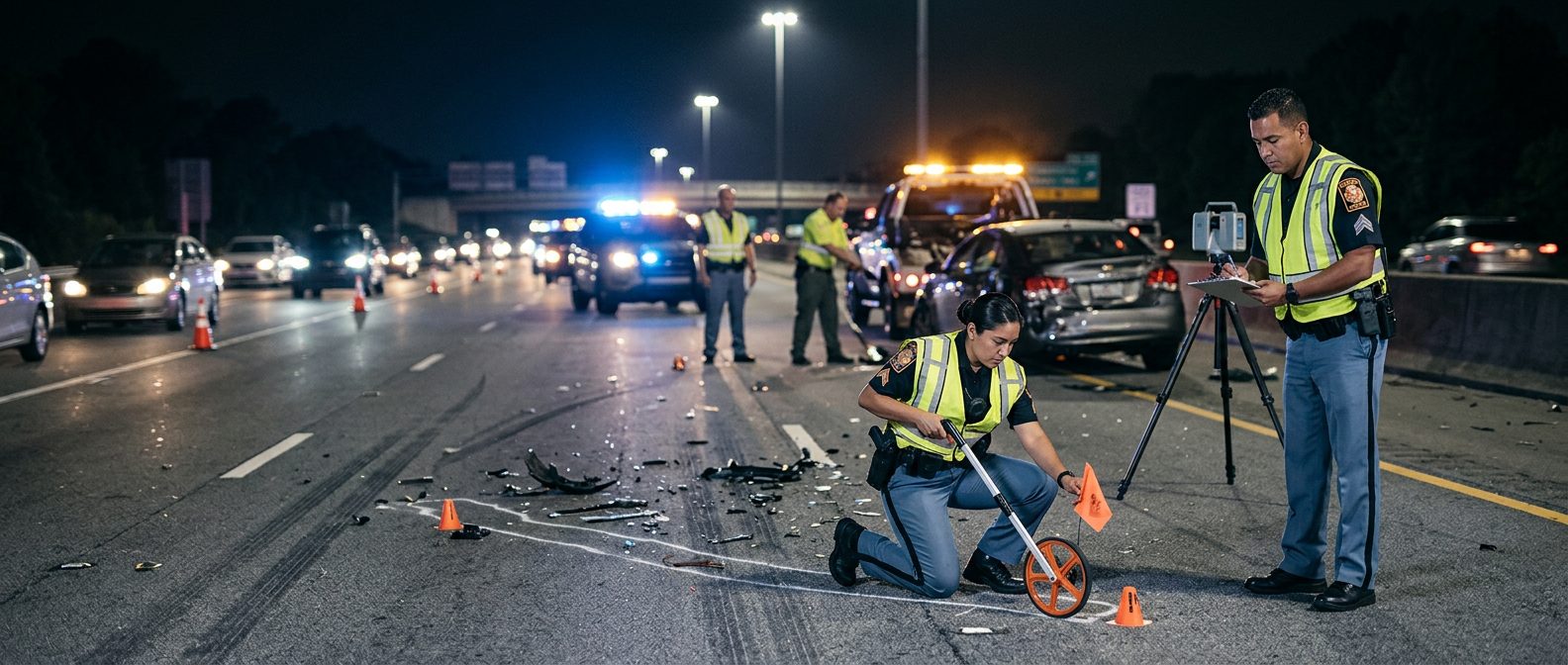 Investigación de accidente vehicular nocturno con oficiales de policía y equipo de reconstrucción.