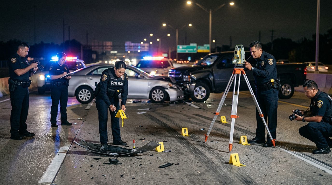 Investigación de accidente vehicular nocturno con oficiales de policía y equipo de reconstrucción.