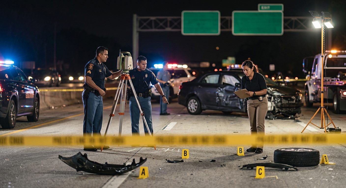 Investigación de accidente vehicular nocturno con oficiales de policía y equipo de reconstrucción.