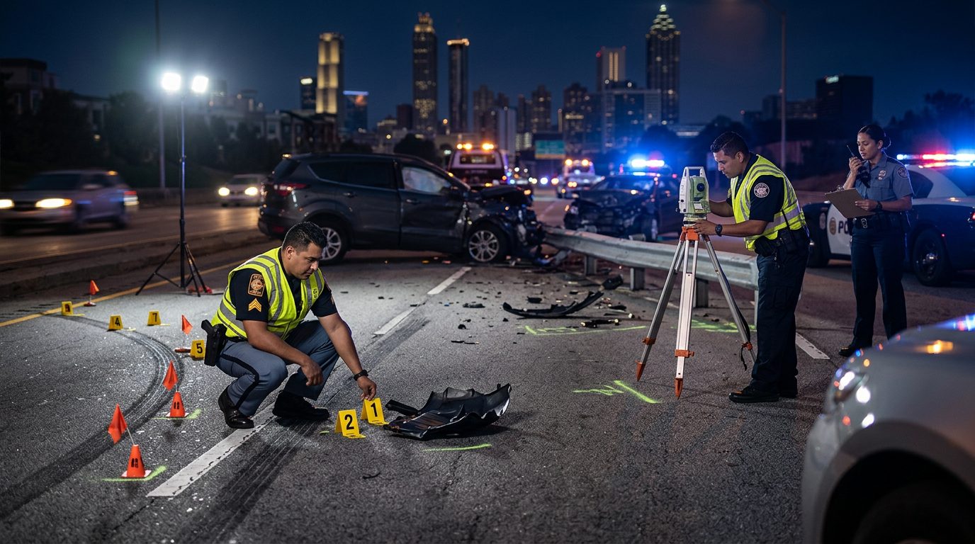 Investigación de accidente vehicular nocturno con oficiales de policía y equipo de reconstrucción.