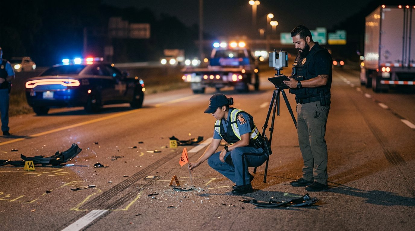Investigación de accidente vehicular nocturno con oficiales de policía y equipo de reconstrucción.