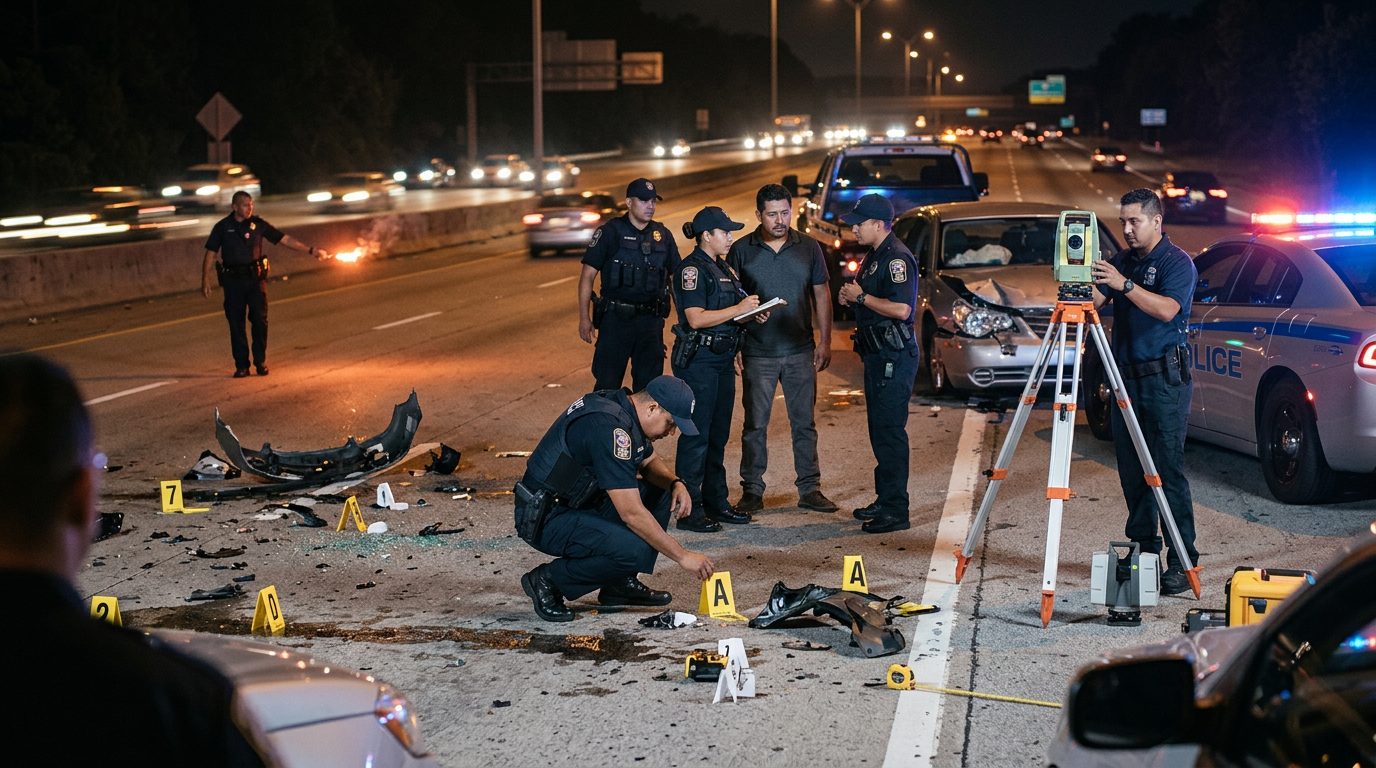 Investigación de accidente vehicular nocturno con oficiales de policía y equipo de reconstrucción.