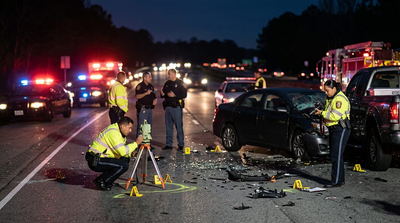 Investigación de accidente vehicular nocturno con oficiales de policía y equipo de reconstrucción.