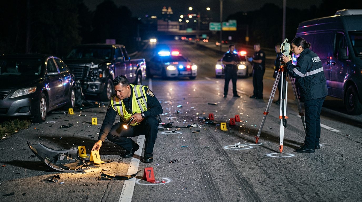 Investigación de accidente vehicular nocturno con oficiales de policía y equipo de reconstrucción.
