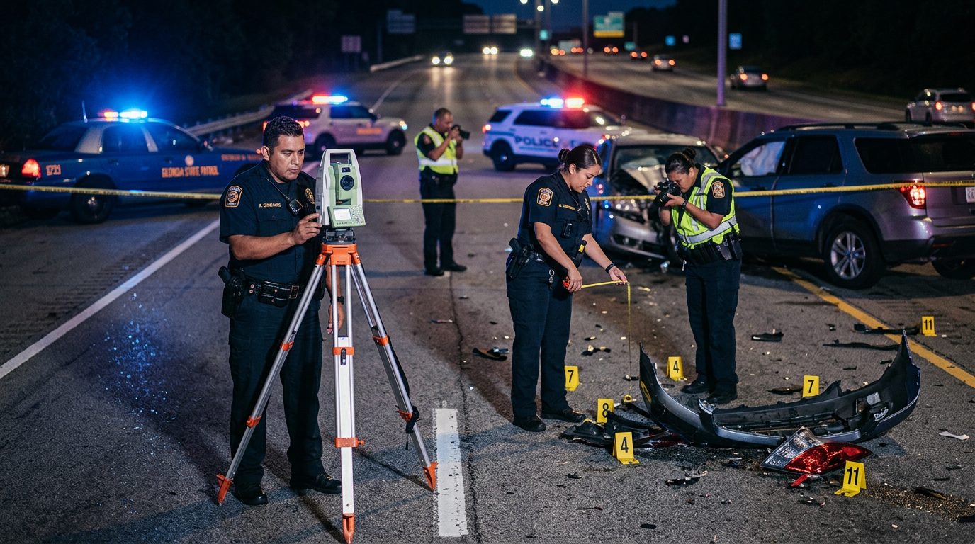 Investigación de accidente vehicular nocturno con oficiales de policía y equipo de reconstrucción.