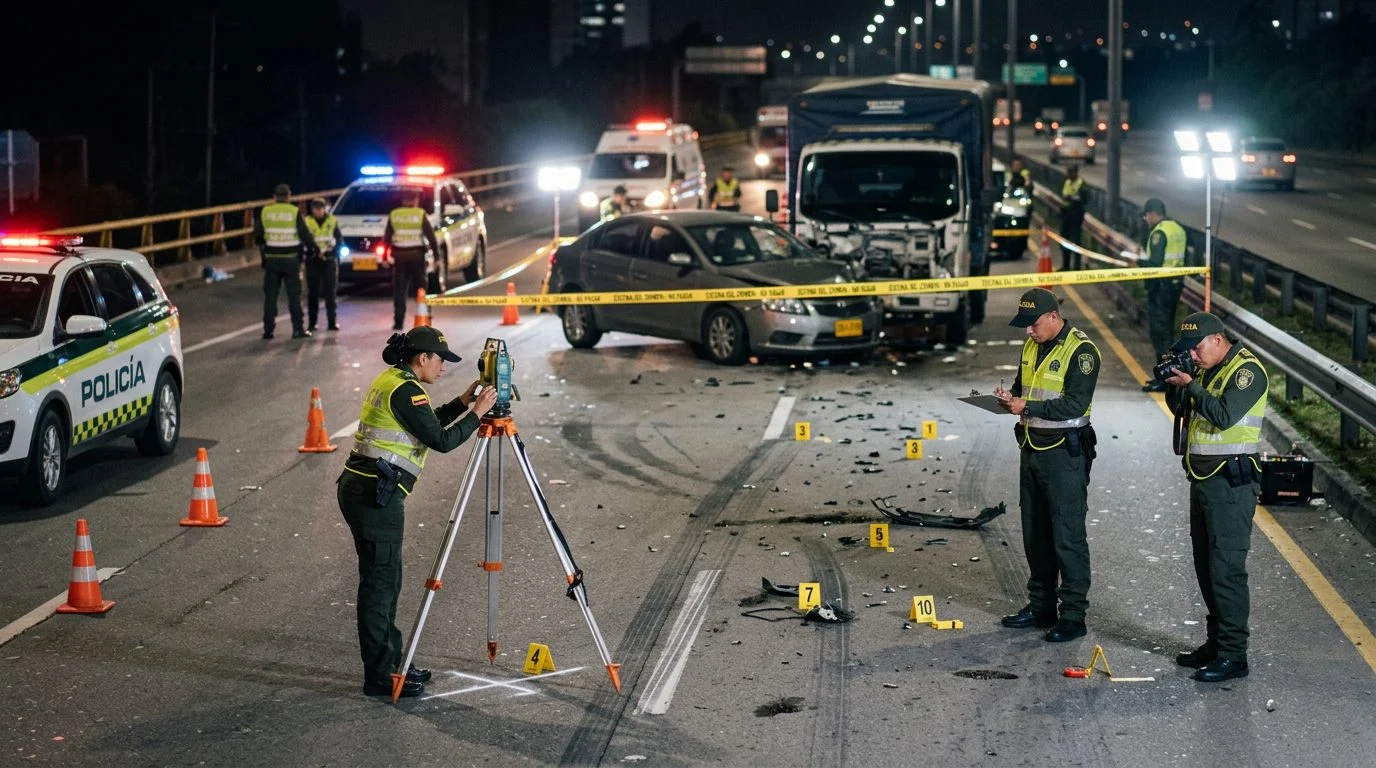 Investigación de accidente vehicular nocturno con oficiales de policía y equipo de reconstrucción.