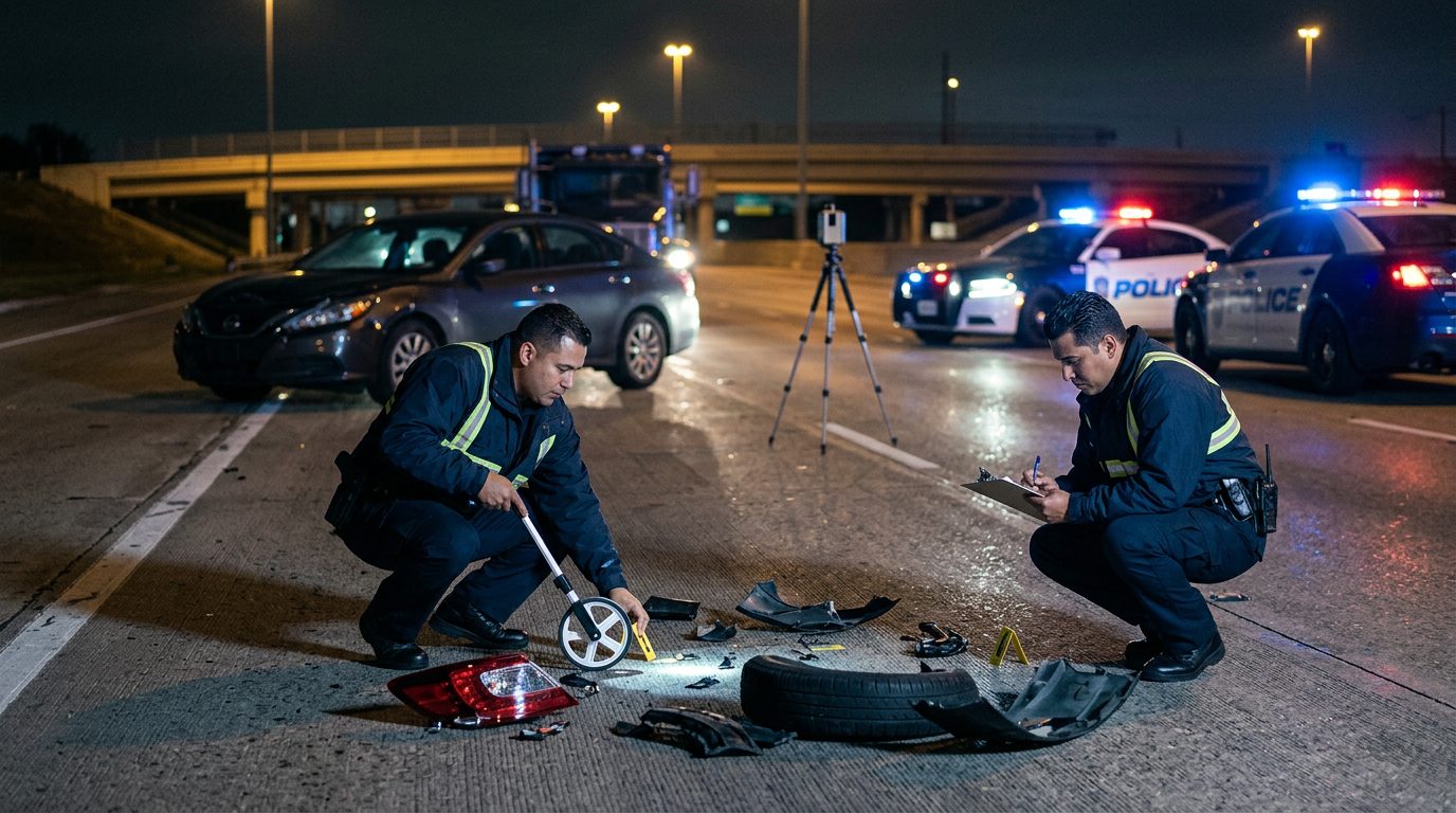 Investigación de accidente vehicular nocturno con oficiales de policía y equipo de reconstrucción.