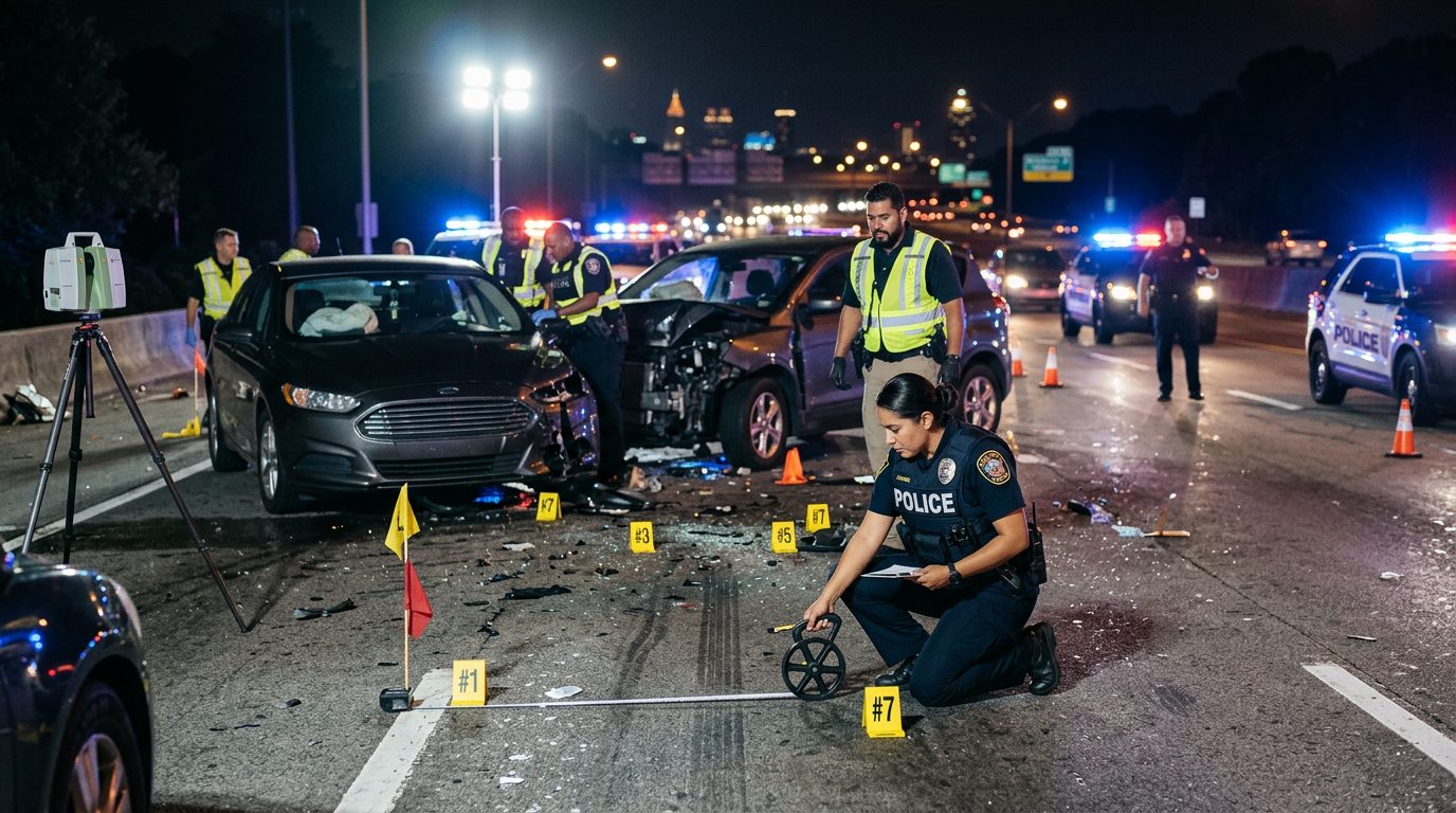 Investigación de accidente vehicular nocturno con oficiales de policía y equipo de reconstrucción.