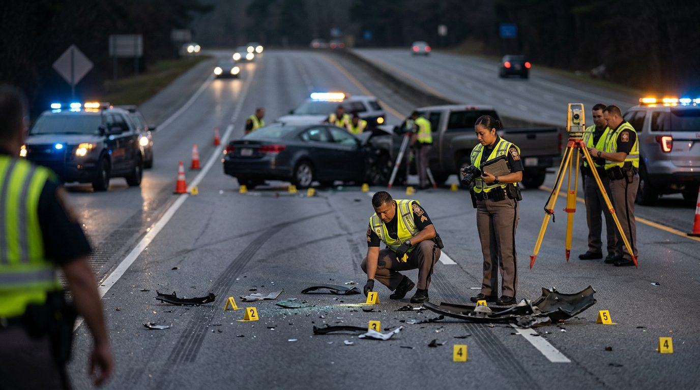 Investigación de accidente vehicular nocturno con oficiales de policía y equipo de reconstrucción.
