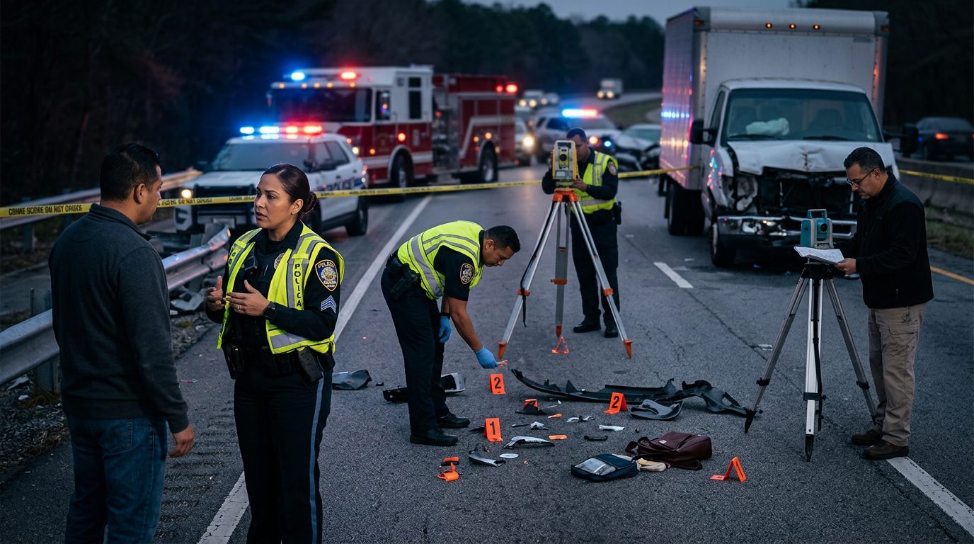 Investigación de accidente vehicular nocturno con oficiales de policía y equipo de reconstrucción.