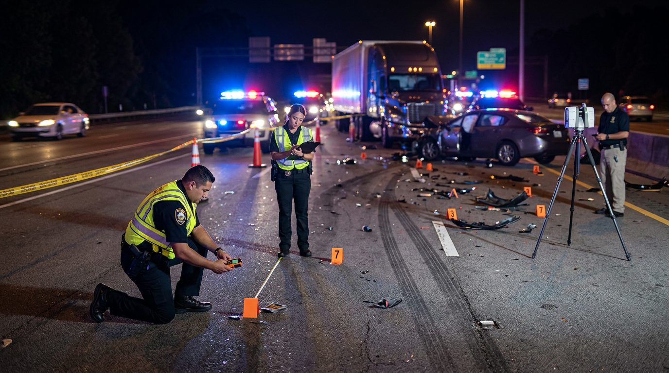 Investigación de accidente vehicular nocturno con oficiales de policía y equipo de reconstrucción.