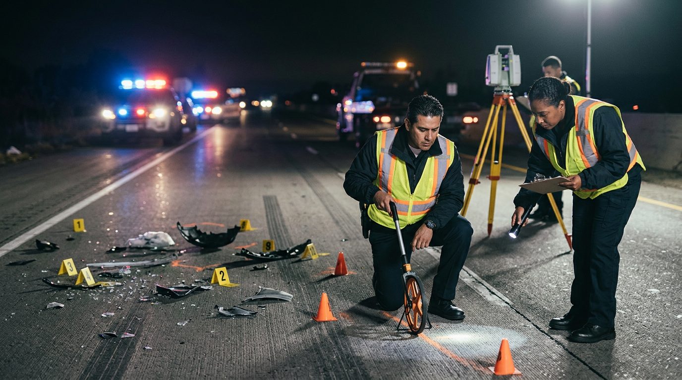 Investigación de accidente vehicular nocturno con oficiales de policía y equipo de reconstrucción.