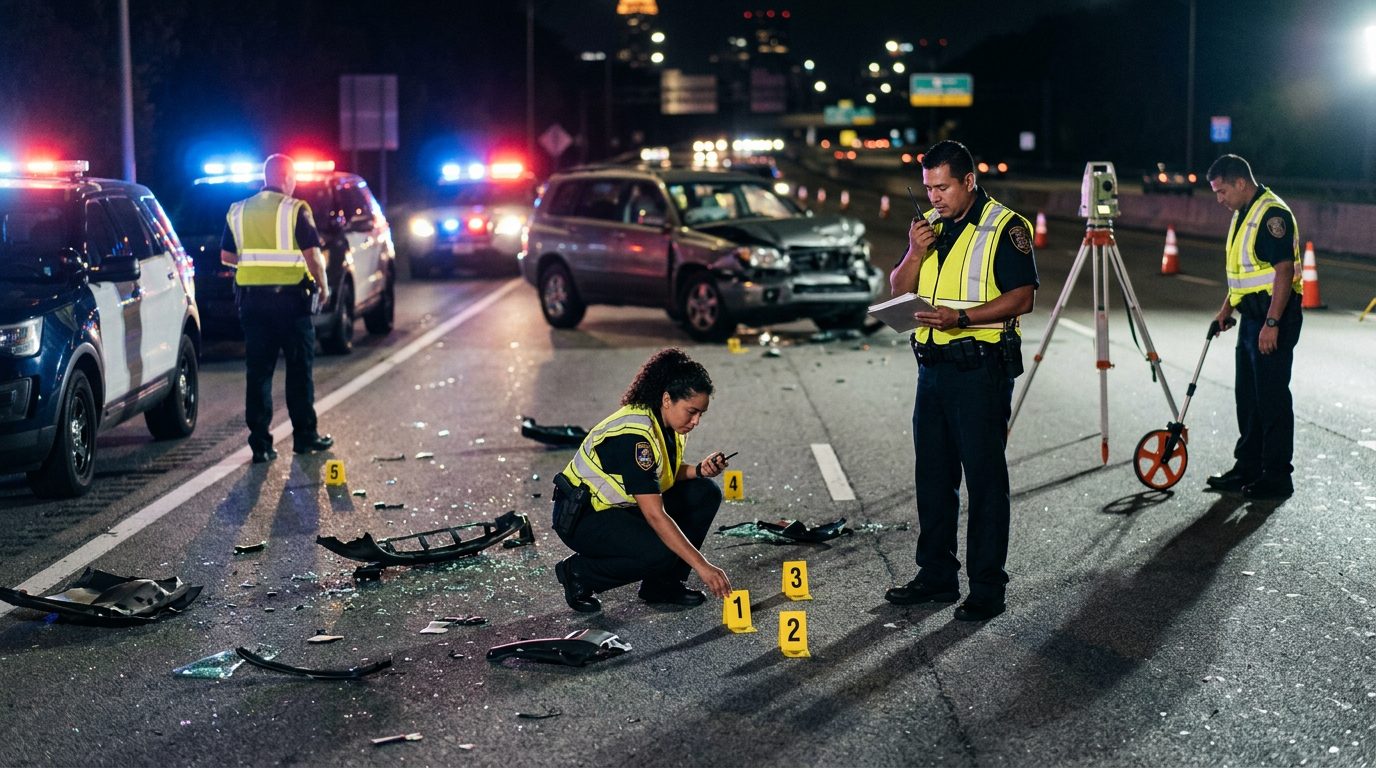 Investigación de accidente vehicular nocturno con policías, equipo de reconstrucción y evidencia marcada.