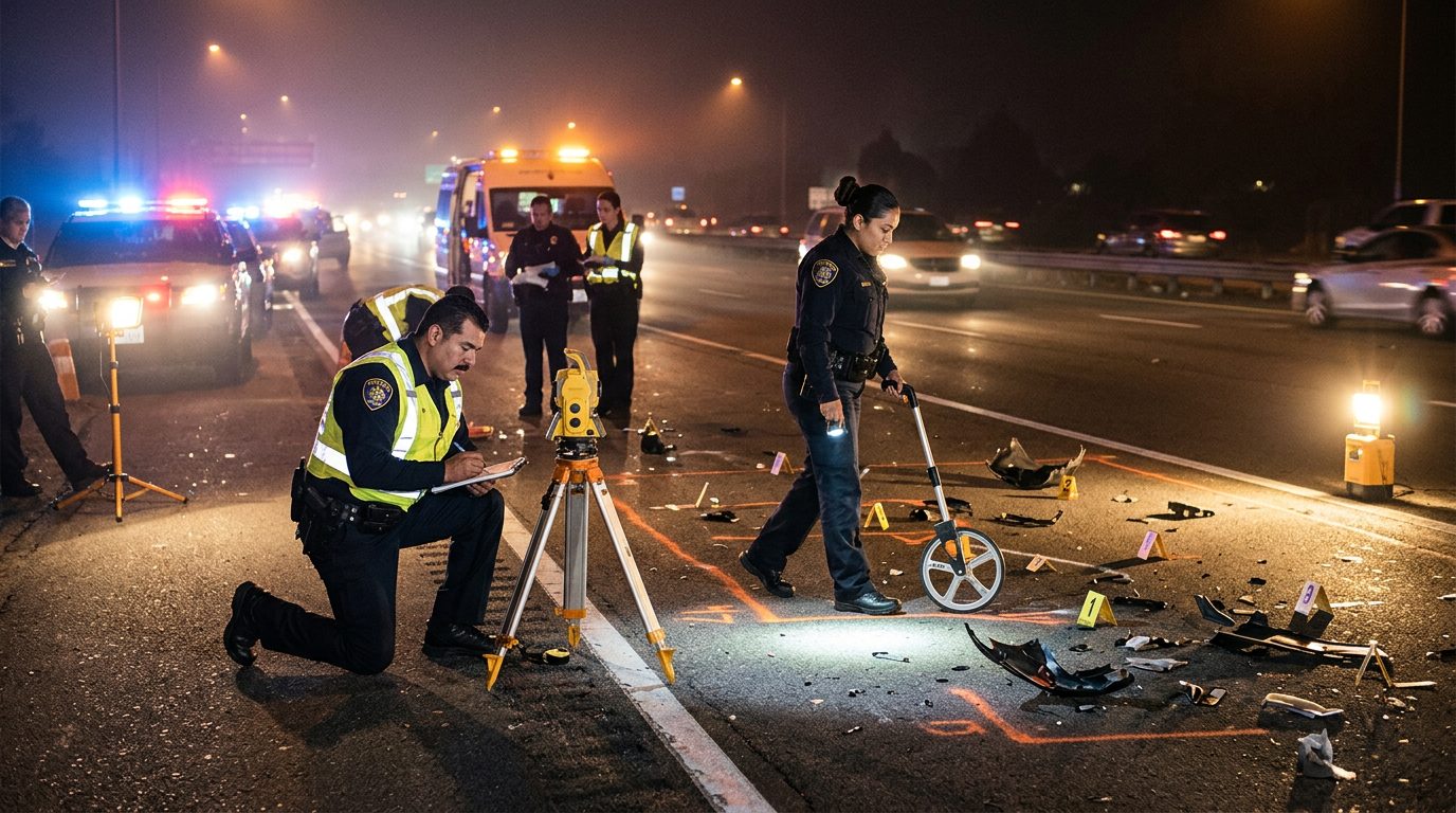 Investigación de accidente vehicular nocturno con policías, equipo de reconstrucción y escombros marcados.