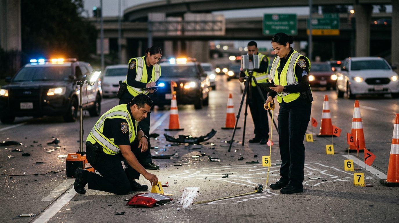 Investigación de accidente vehicular nocturno con policías, equipo de reconstrucción y escombros marcados.