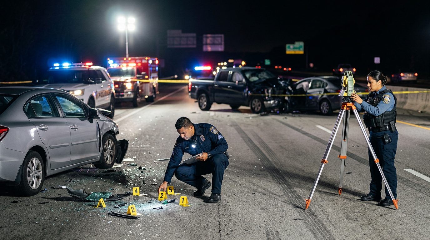 Investigación de accidente vehicular nocturno con policías, equipo de reconstrucción y escombros marcados.