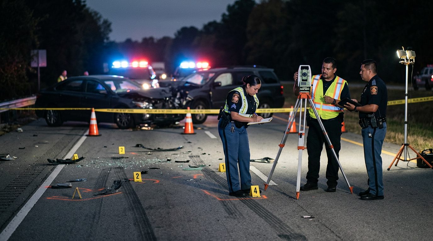 Investigación de accidente vehicular nocturno con policías, equipo de reconstrucción y escombros marcados.