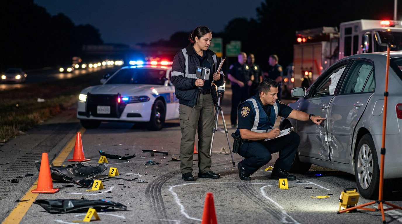 Investigación de accidente vehicular nocturno con policías, equipo de reconstrucción y escombros marcados.