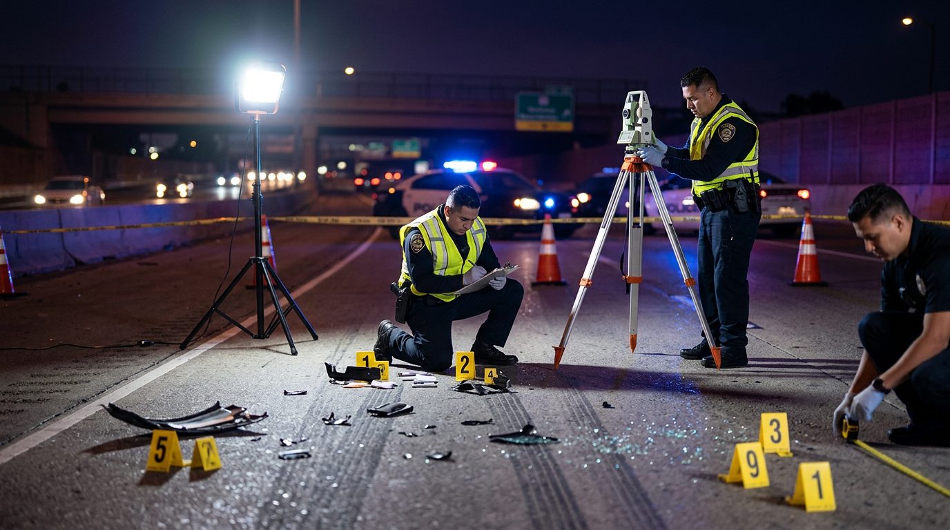 Investigación de accidente vehicular nocturno con policías, equipo de reconstrucción y escombros marcados.