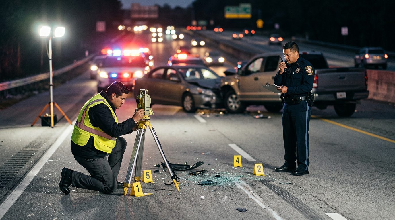 Investigación de accidente vehicular nocturno con policías, equipo de reconstrucción y escombros marcados como evidencia.