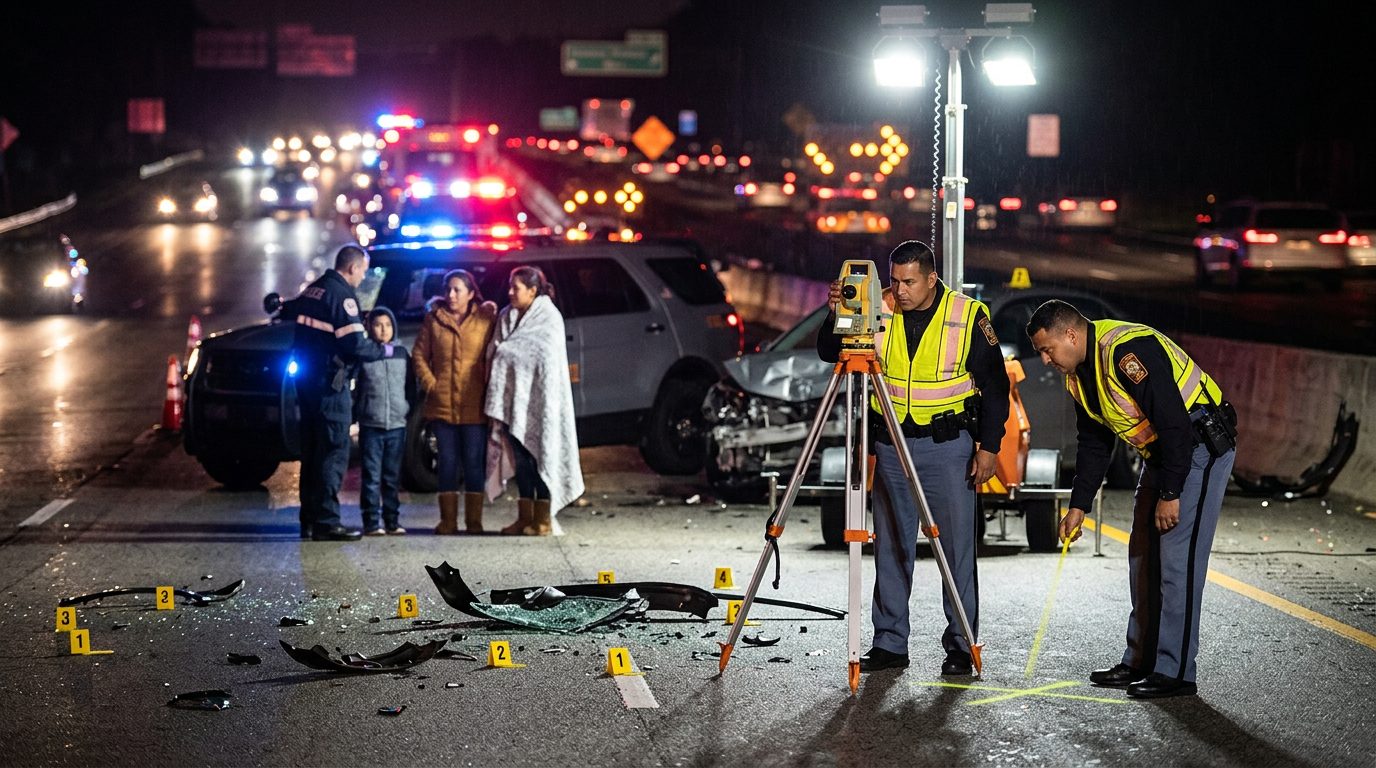 Investigación de accidente vehicular nocturno con policías, equipo de reconstrucción y escombros marcados.