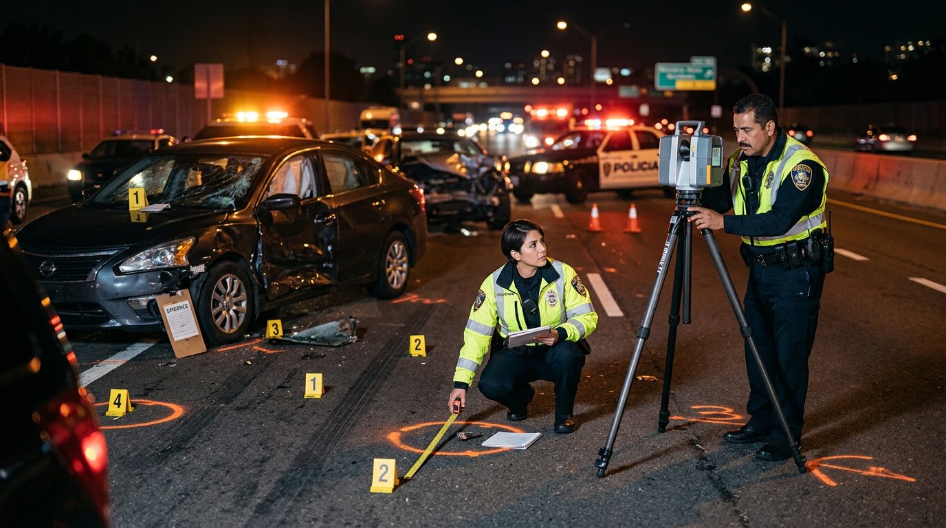 Investigación de accidente vehicular nocturno con policías, equipo de reconstrucción y escombros marcados.