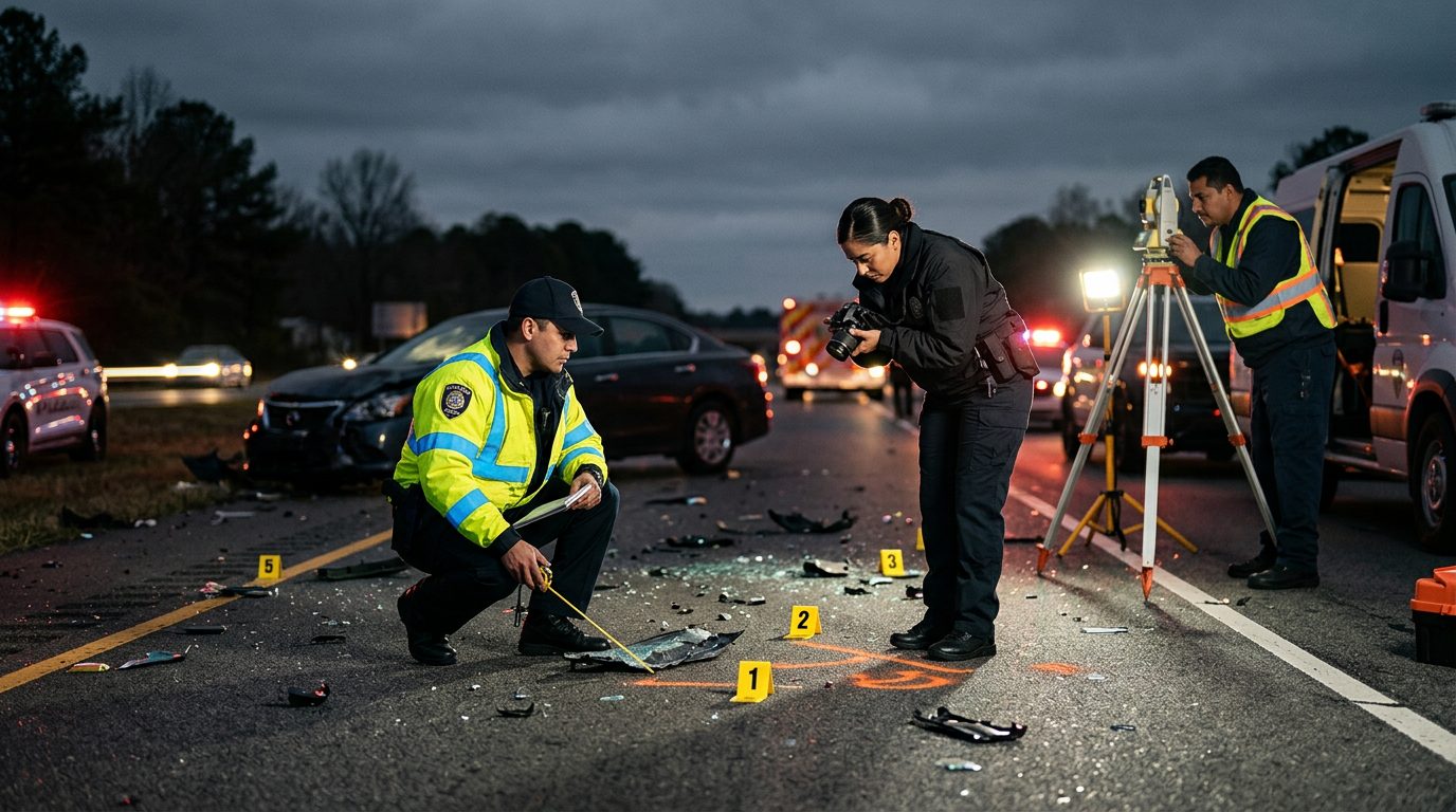 Investigación de accidente vehicular nocturno con policías, equipo de reconstrucción y escombros marcados como evidencia.