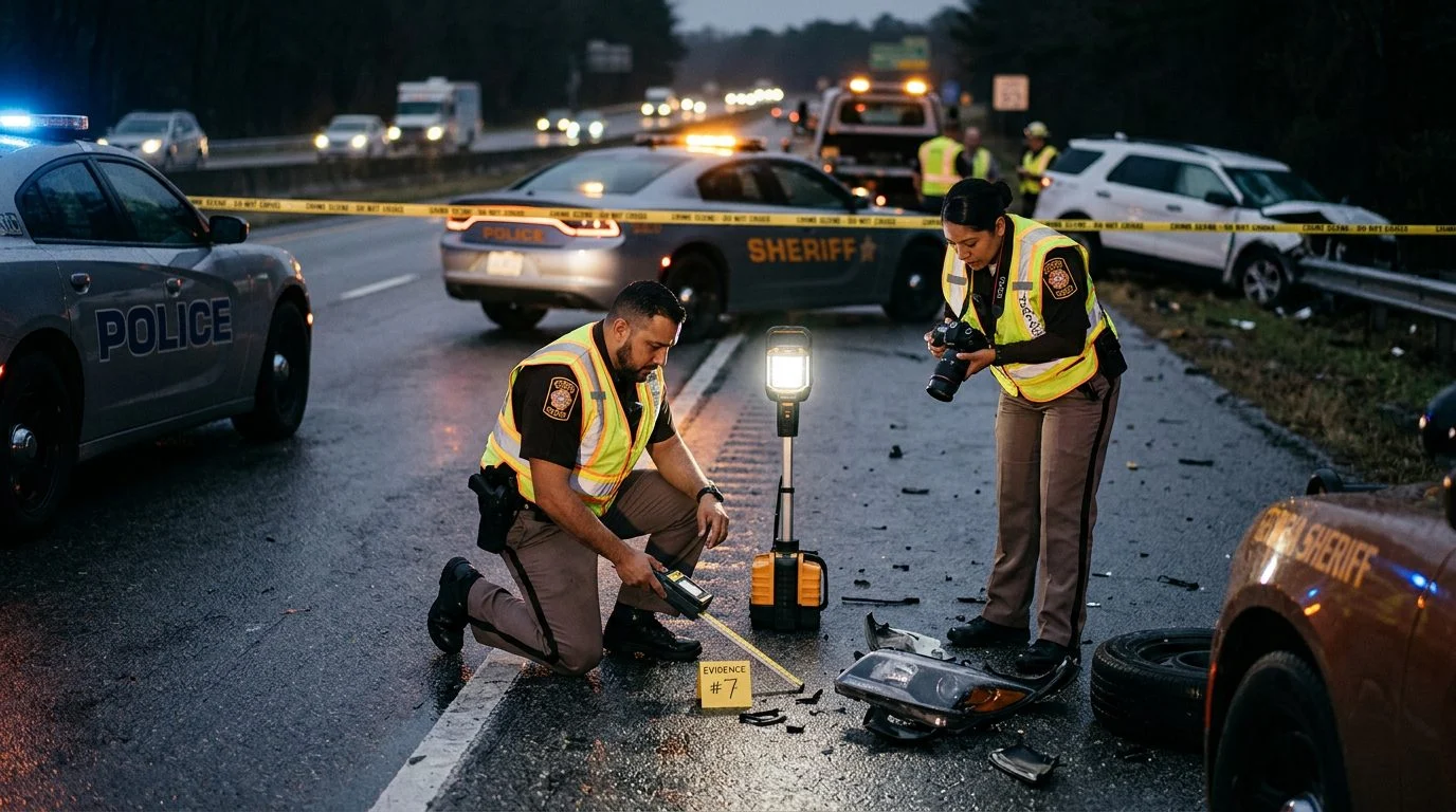 Investigación de accidente vehicular nocturno con policías, equipo de reconstrucción y escombros marcados.