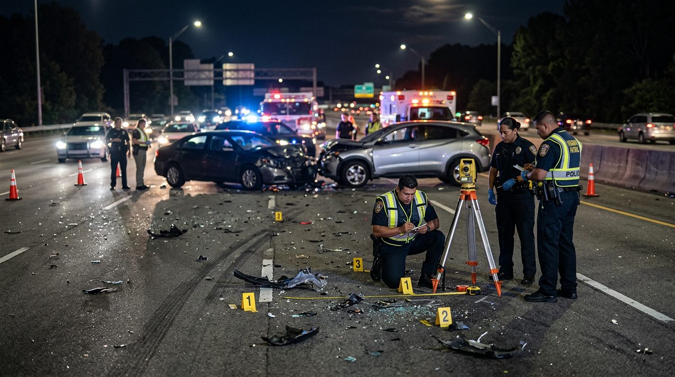 Investigación de accidente vehicular nocturno con policías, equipo de reconstrucción y escombros marcados.