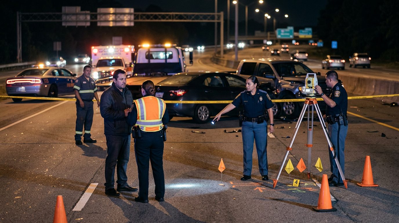 Investigación de accidente vehicular nocturno con policías y equipo de reconstrucción.