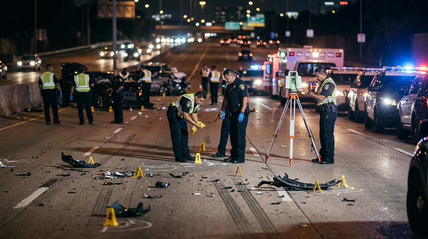 Investigación de accidente vehicular nocturno con policías y equipo de reconstrucción.