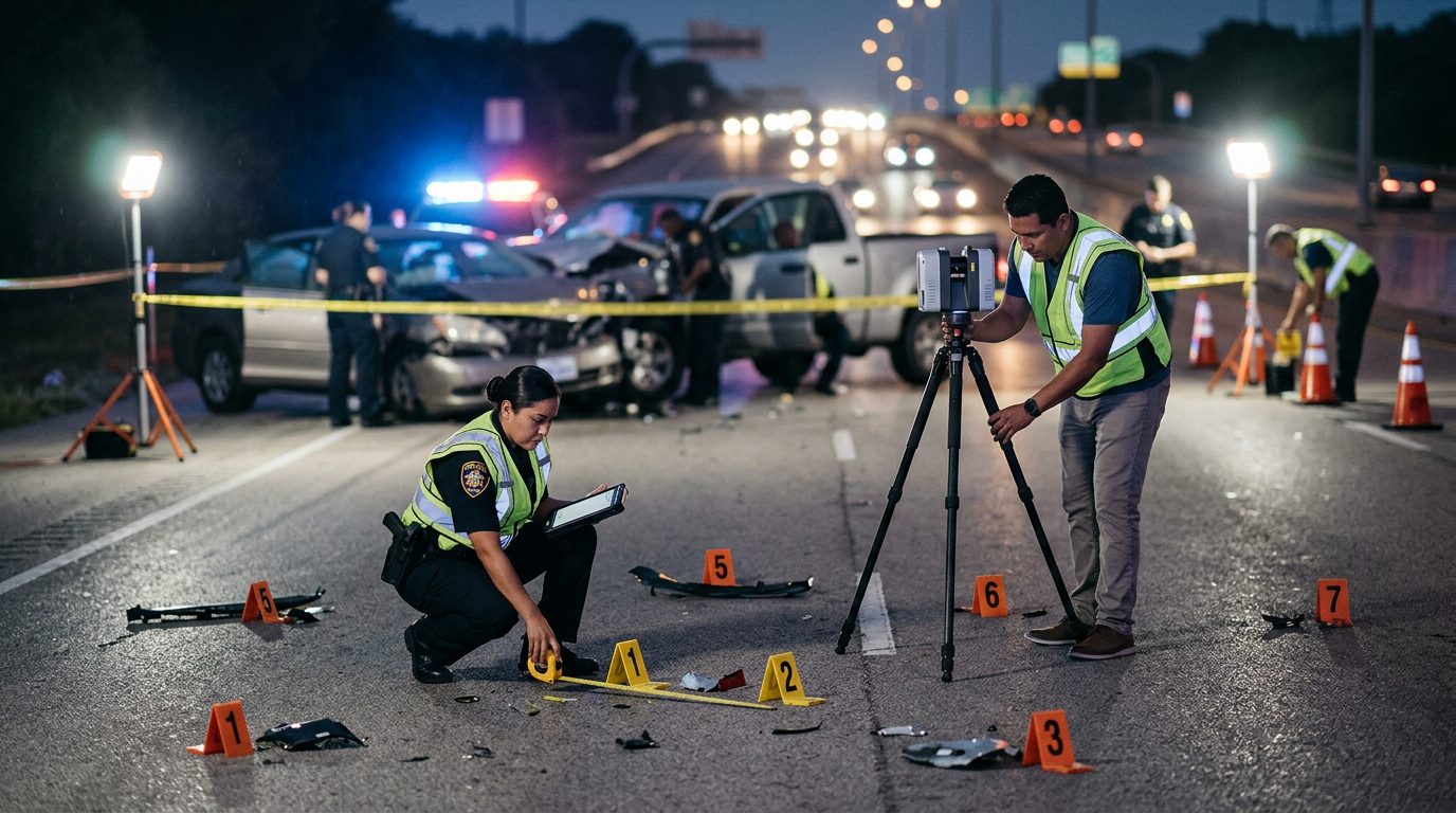 Investigación de accidente vehicular nocturno con policías y equipo de reconstrucción.