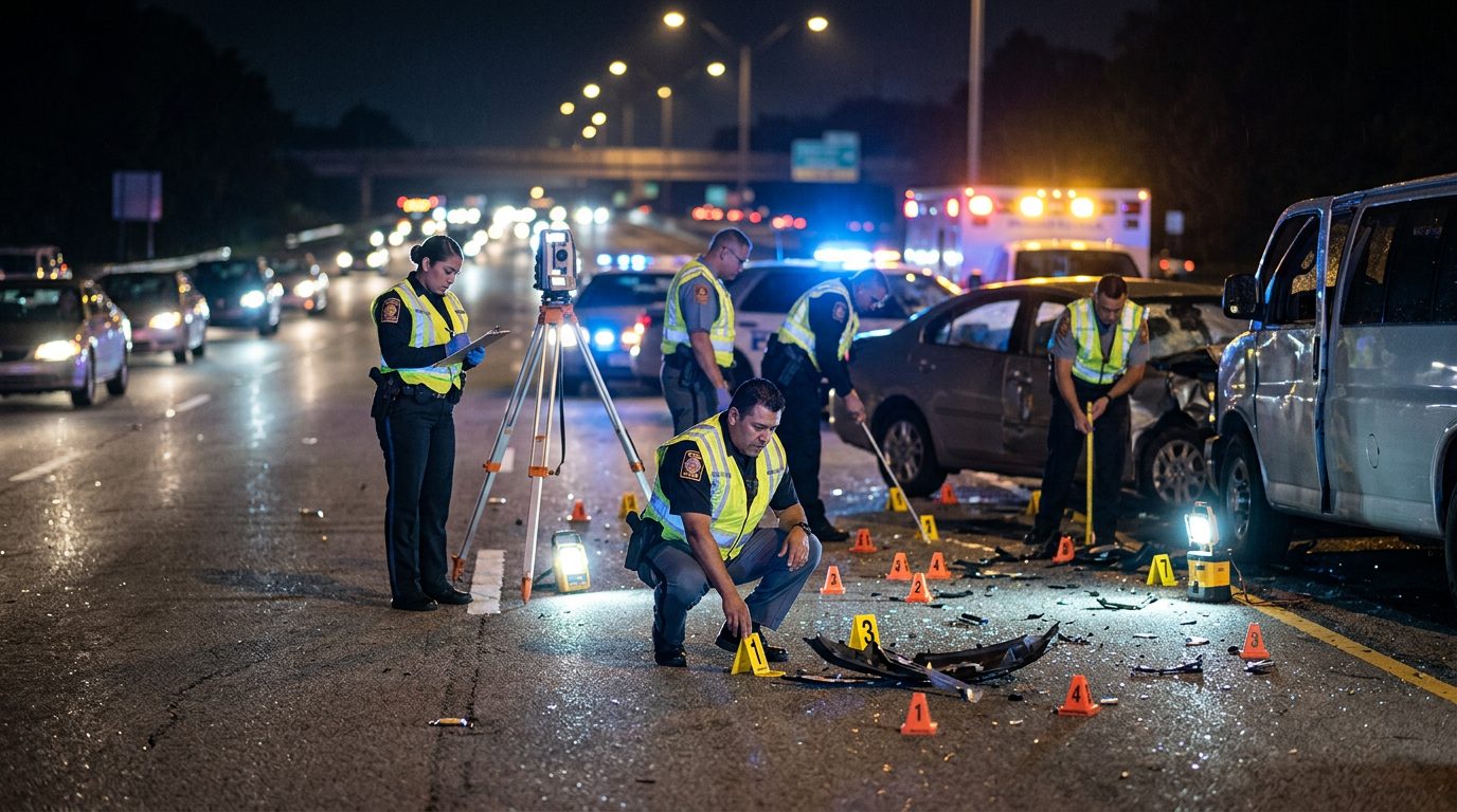 Investigación de accidente vehicular nocturno con policías y equipo de reconstrucción.