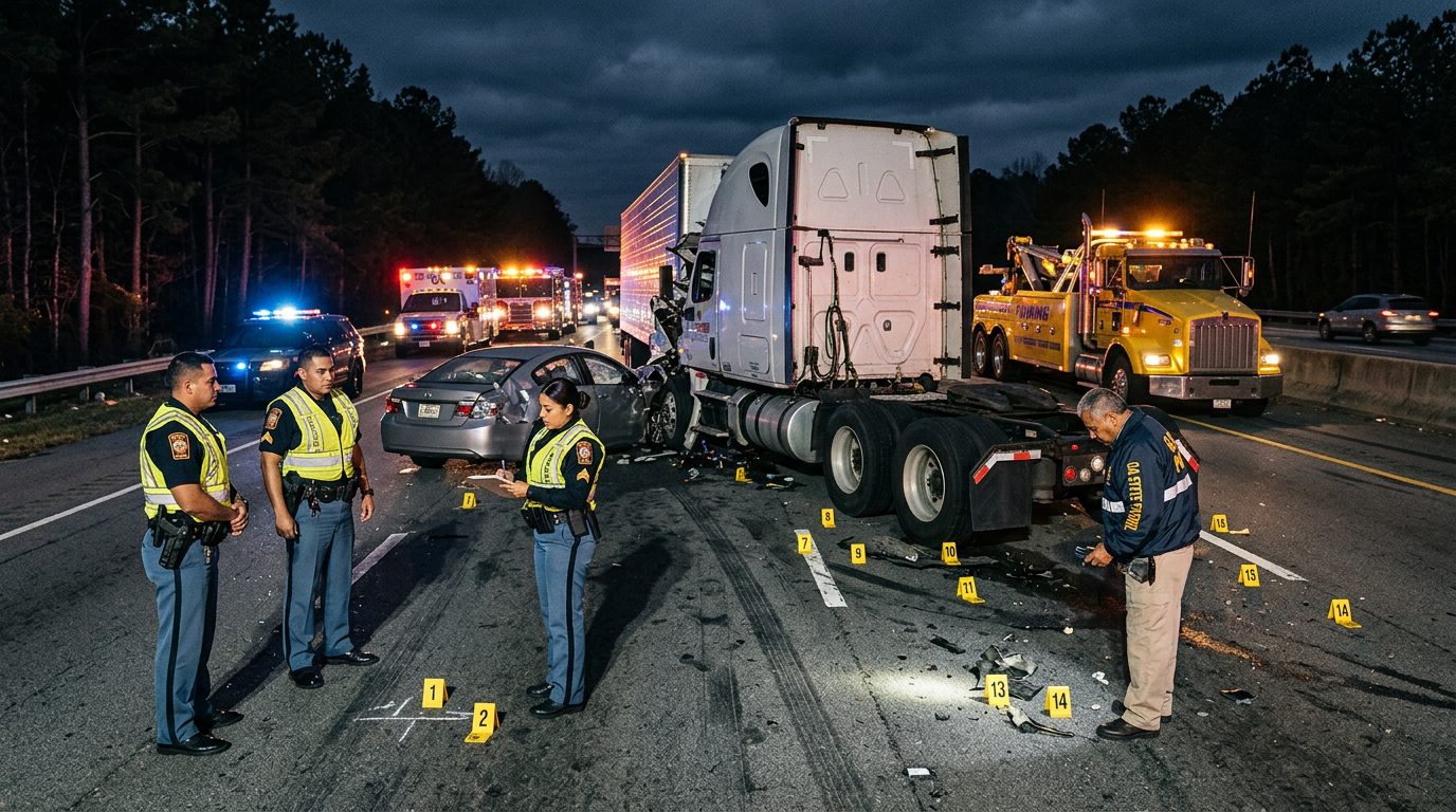Investigación nocturna de accidente con camión comercial, policías y marcadores de evidencia en carretera de Georgia.