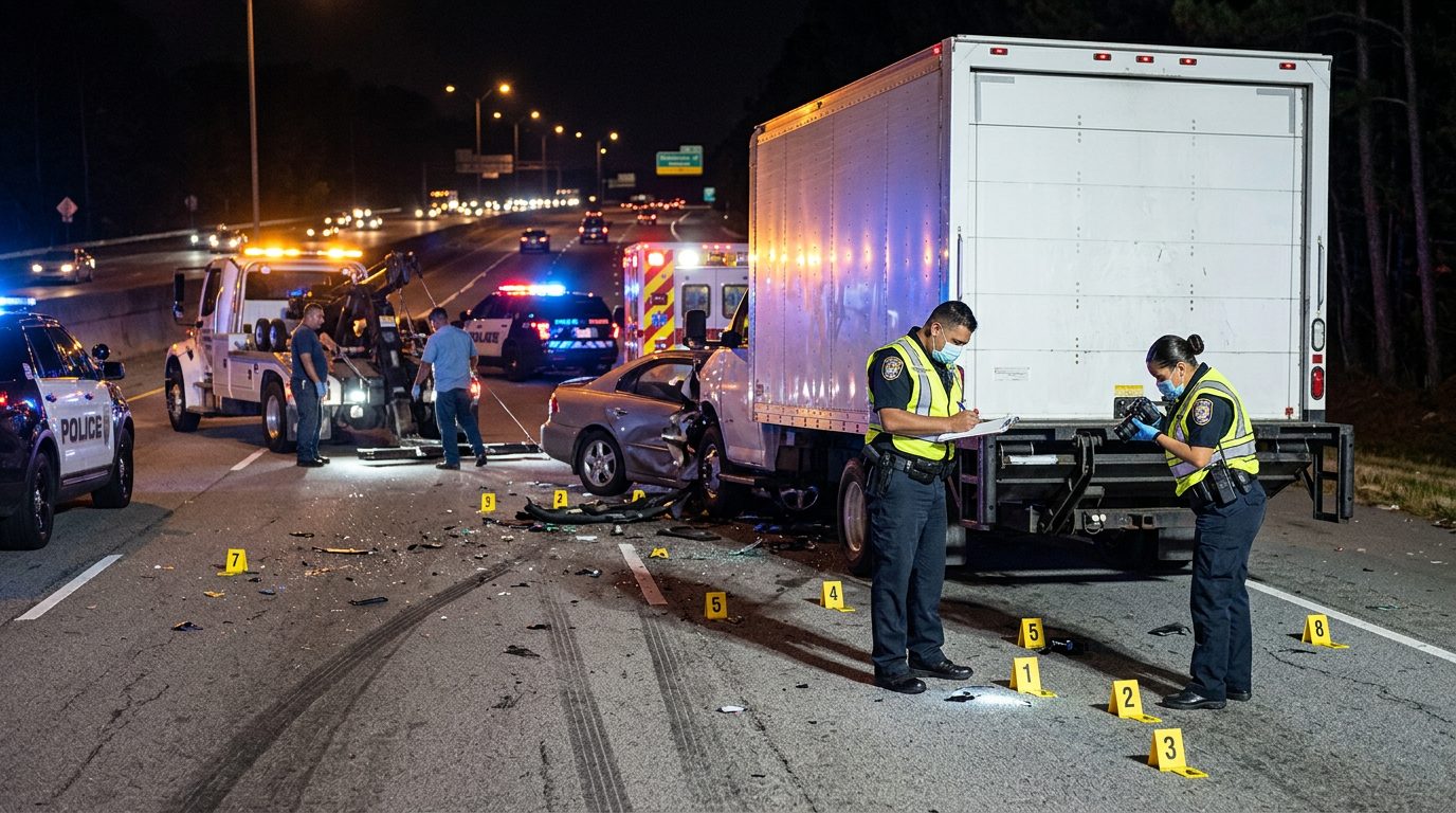 Investigación nocturna de accidente con camión comercial, policías y equipo de grúa en carretera.