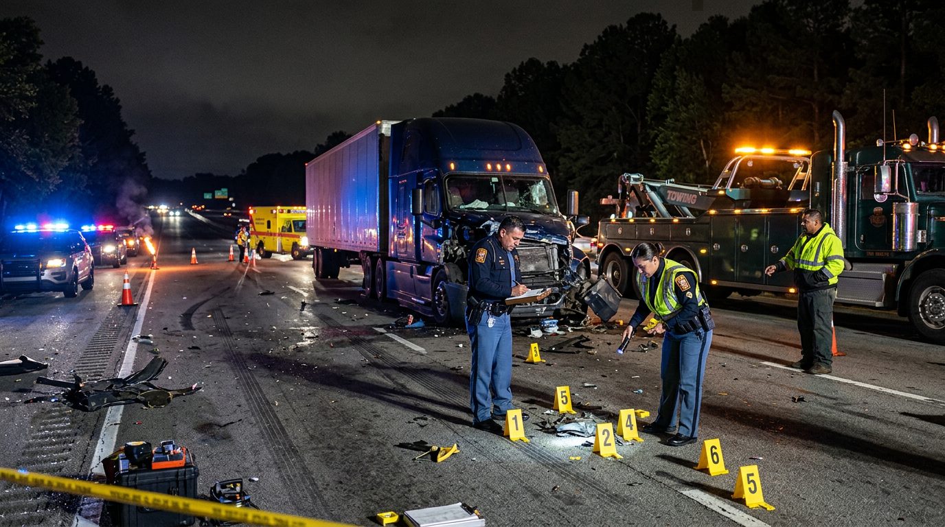Investigación nocturna de accidente de camión comercial con policías y equipo de grúa en Kennesaw GA.