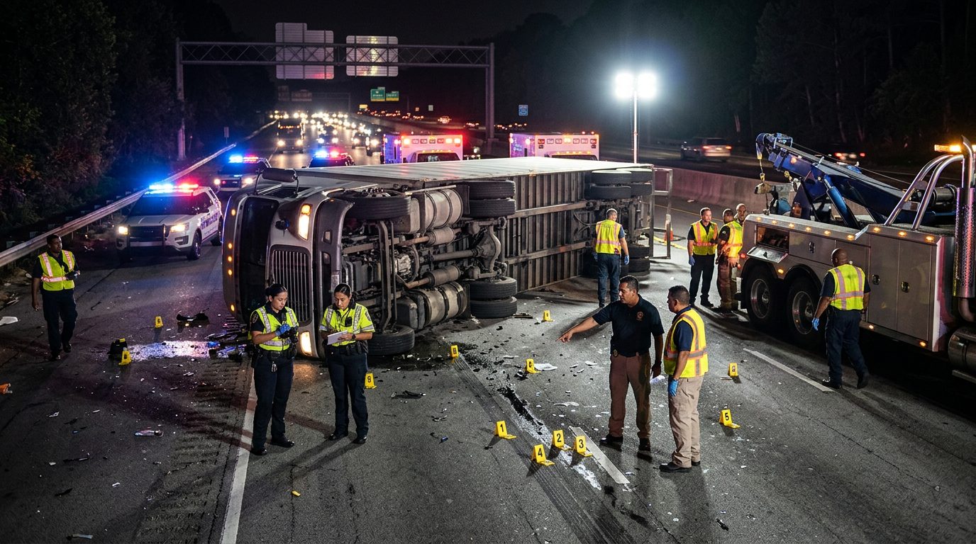 Investigación nocturna de accidente de camión comercial con oficiales de policía y equipo de remolque.