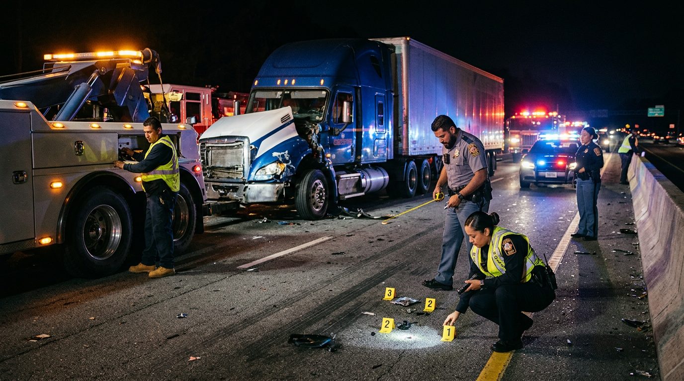 Investigación nocturna de accidente de camión comercial con policías, equipo de remolque y marcadores de evidencia en carretera.