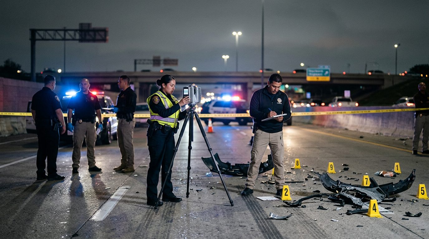 Investigación nocturna de accidente en carretera con policías, equipo de reconstrucción y escombros marcados como evidencia.