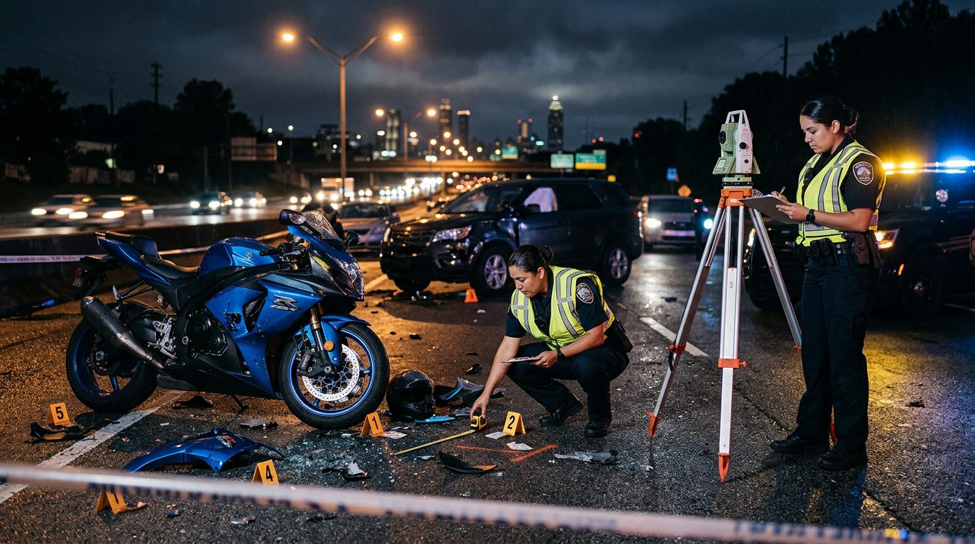 Investigación nocturna de accidente en carretera con policías, equipo de reconstrucción y escombros marcados.