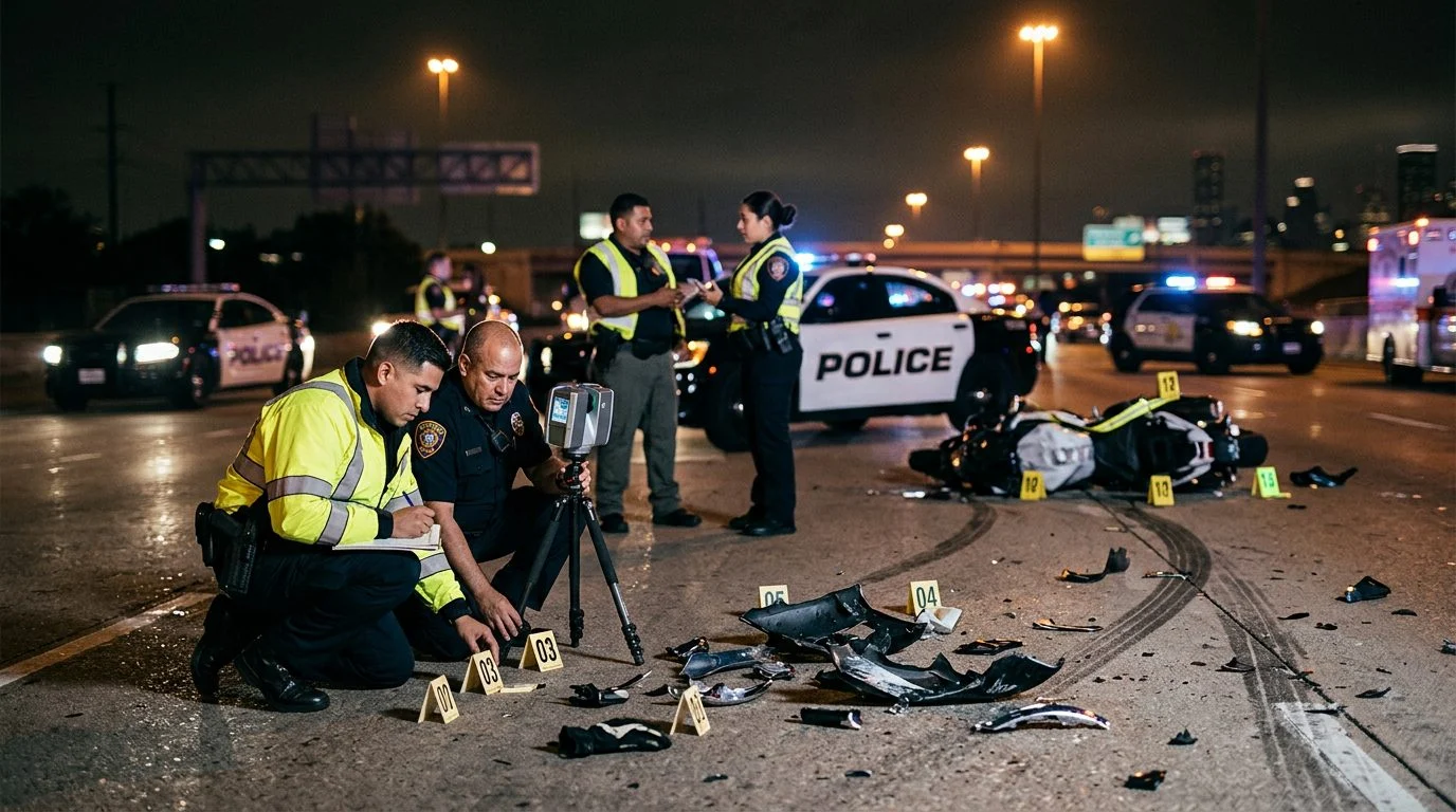 Investigación nocturna de accidente en carretera con policías, equipo de reconstrucción y escombros marcados.