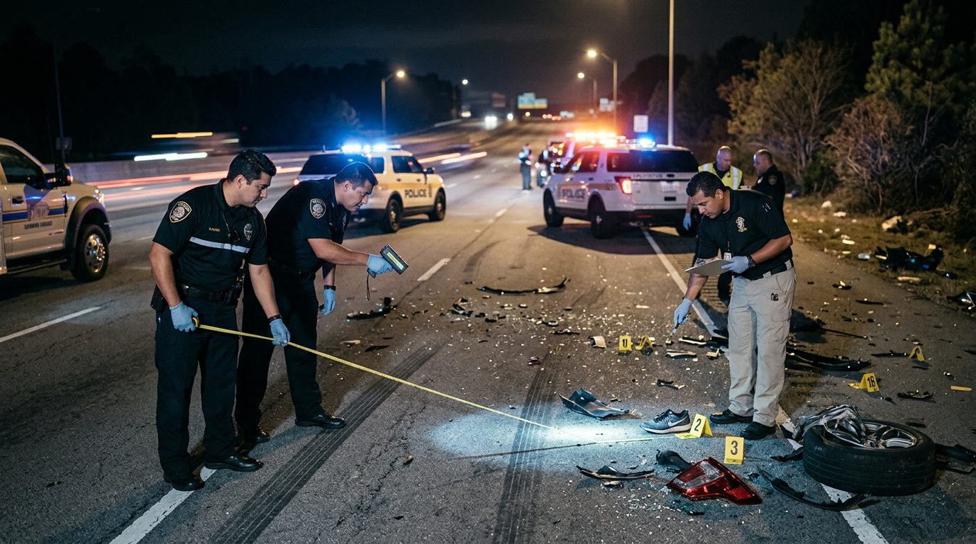 Investigación nocturna de accidente en carretera con policías, equipo de reconstrucción y escombros marcados.