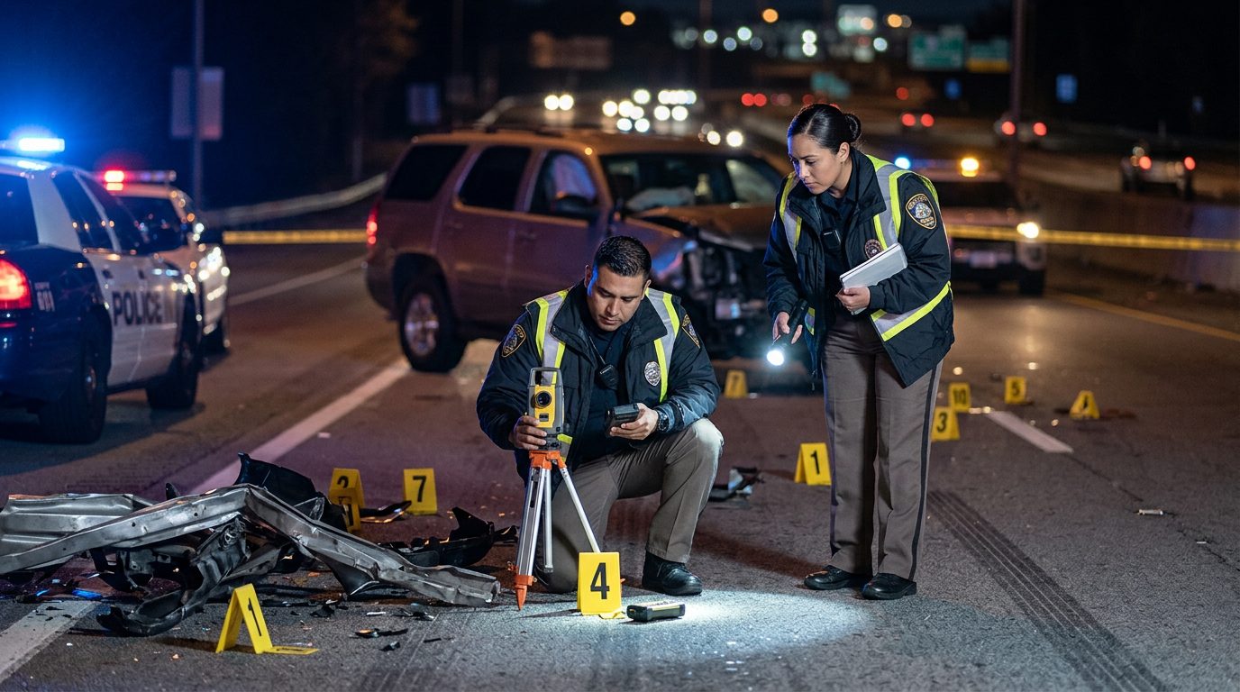 Investigación nocturna de accidente vehicular con oficiales de policía, equipo de reconstrucción y escombros marcados como evidencia.