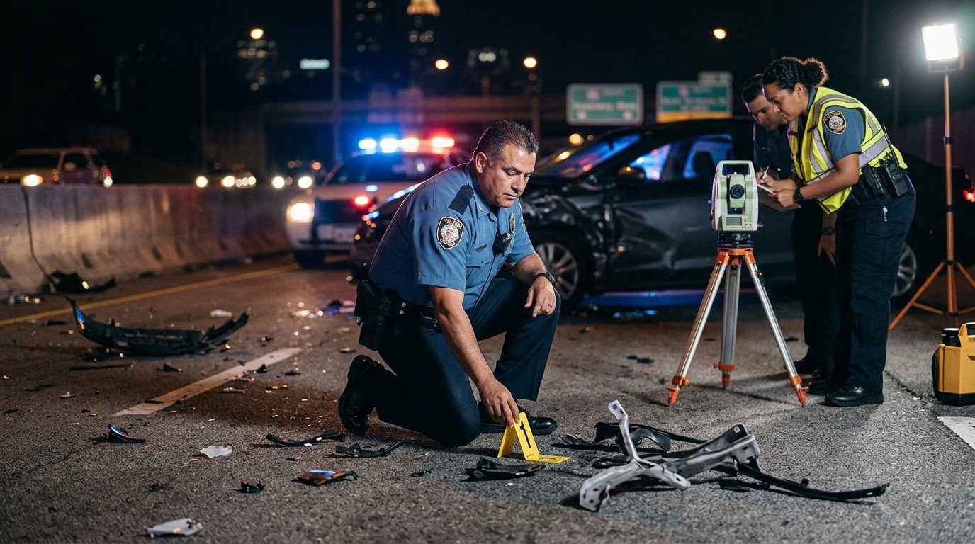 Investigación nocturna de accidente vehicular con oficiales de policía y equipo de reconstrucción.