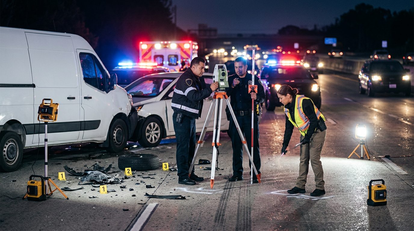 Investigación nocturna de accidente vehicular con oficiales de policía y equipo de reconstrucción.