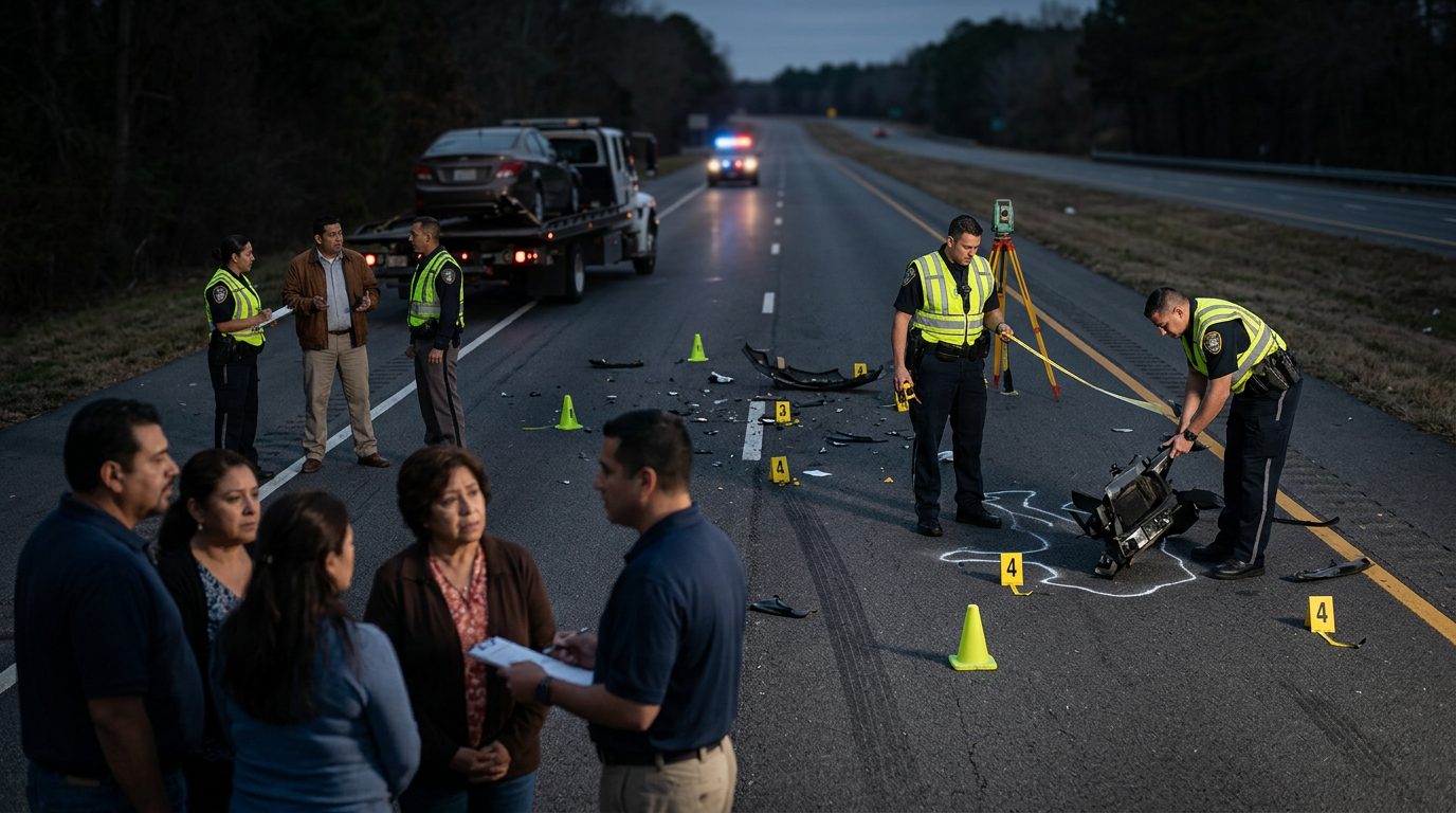 Investigación nocturna de accidente vehicular con oficiales de policía y equipo de reconstrucción.