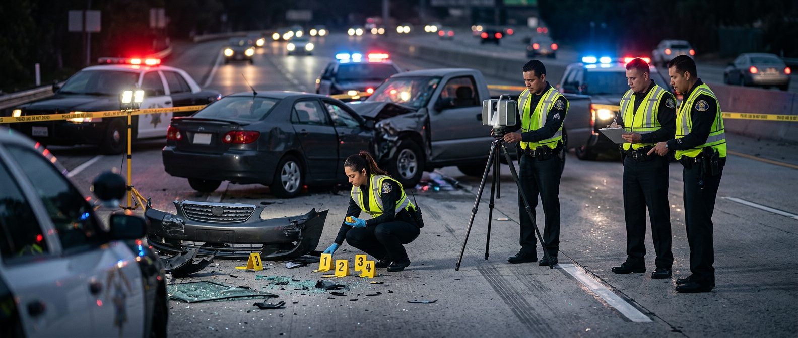 Investigación nocturna de accidente vehicular con oficiales de policía y equipo de reconstrucción.